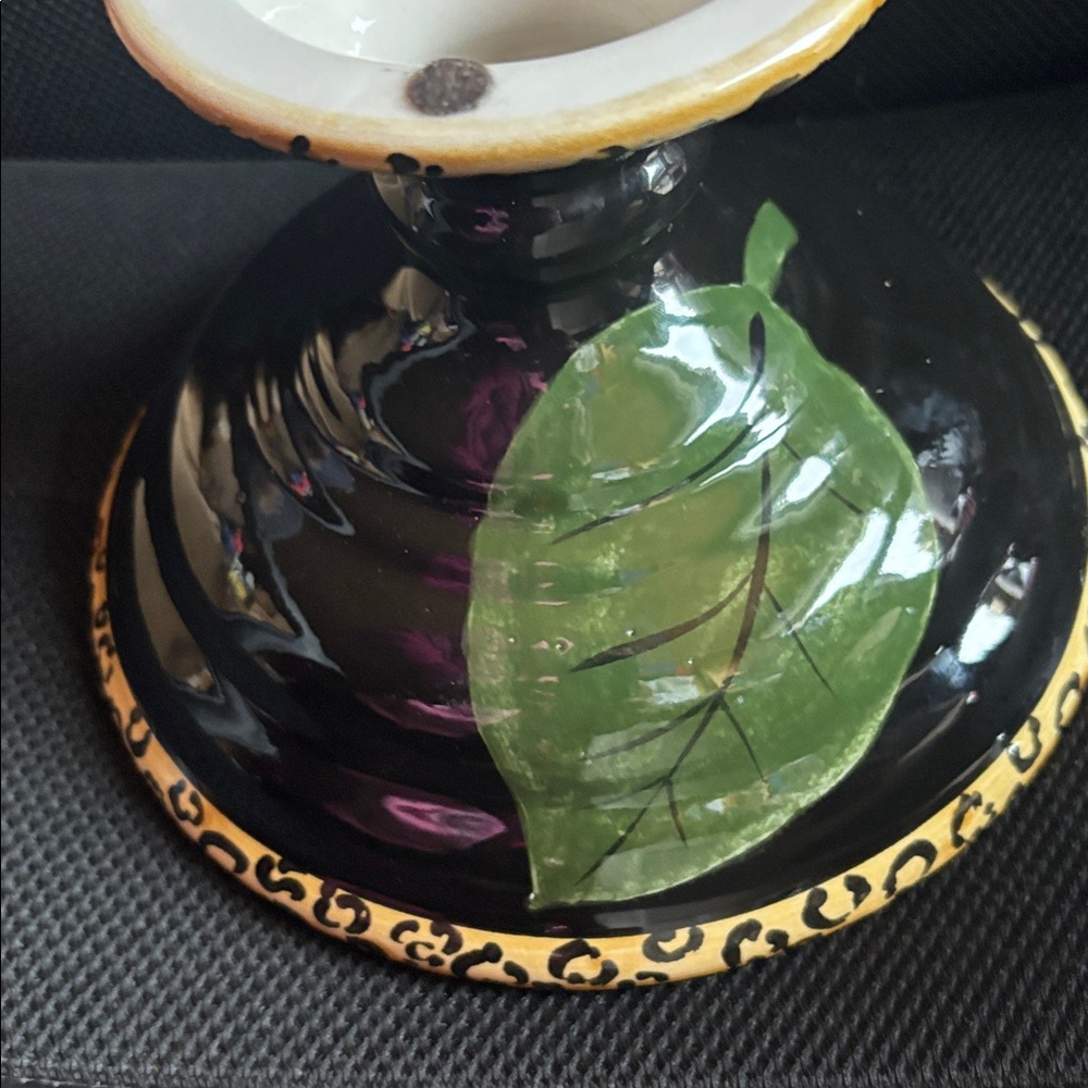 Laurie Gates Pedestal centerpiece Animal Print Leaves Ceramic Home Bowl Leopard - Picture 3 of 5